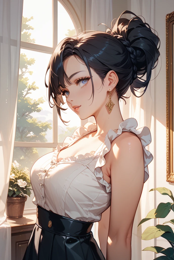 ,(((,beautiful breasts,round breasts,cleavage,dress))),houki shinonono, long hair, blue eyes, black hair, ribbon, hair ribbon, ponytail,masterpiece, extremely fine and beautiful,high Quality,best quality,