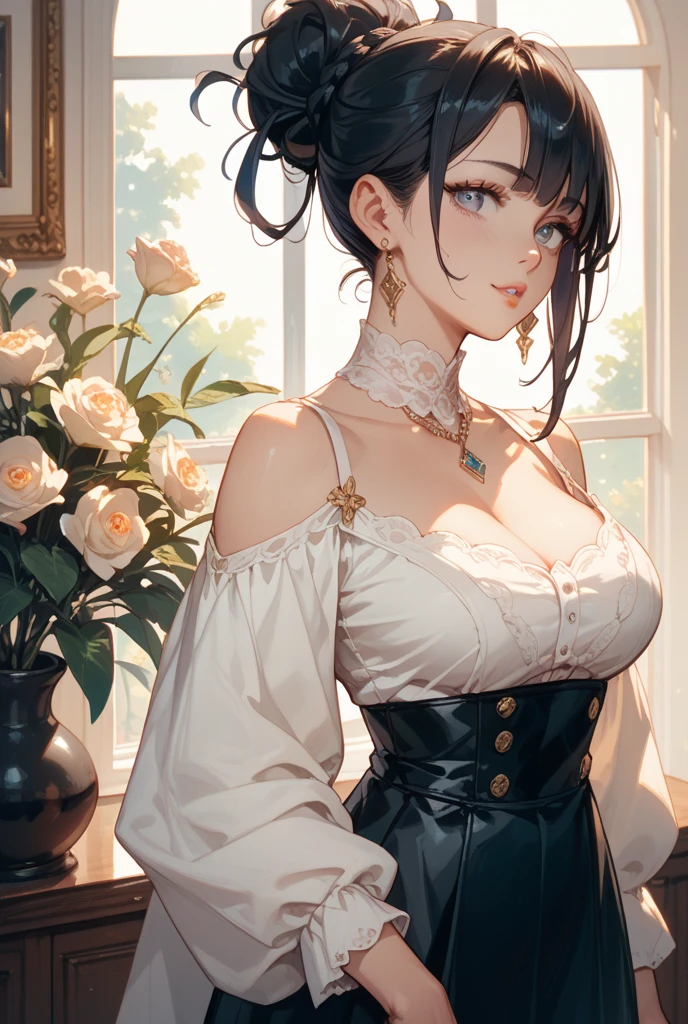 ((best quality)), ((highly detailed)), masterpiece, absurdres, (detailed eyes, deep eyes), (1girl), from_below, foreshortening, looking at the viewer, looking down, full body, weiss_schnee, short hair, black hair, green eyes, evil smirk, jewelry, bikini, (in a cafe, coffee, dawn, sunrise), showing feet, spade tattoo, tattoo on feet.