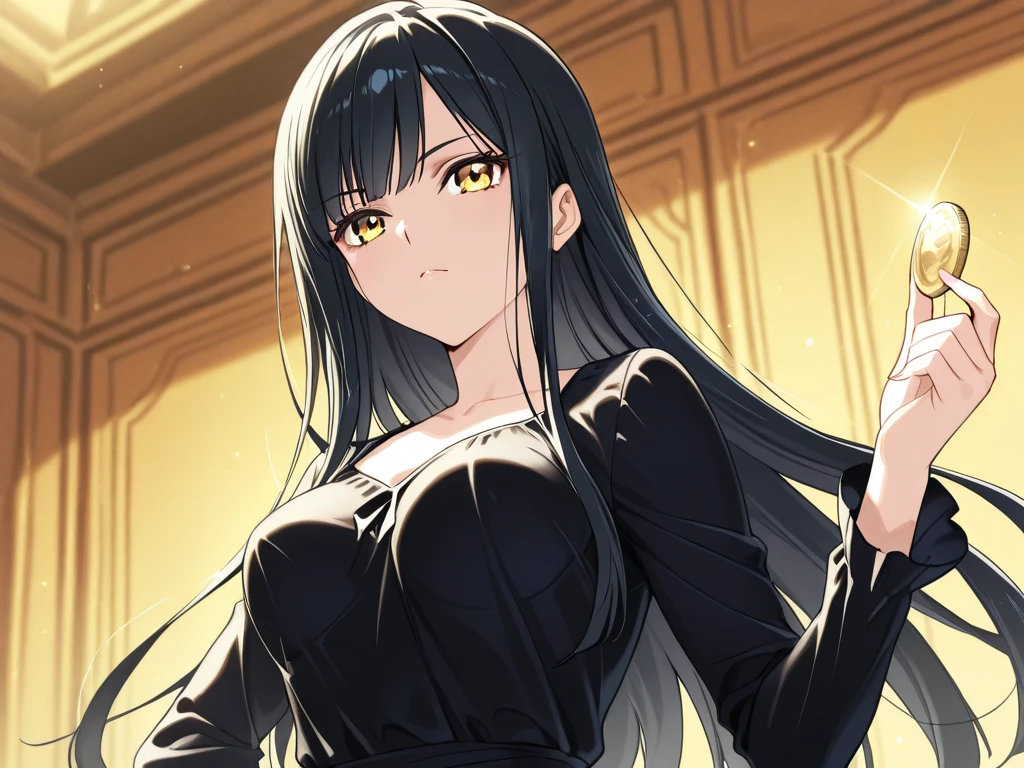 cowboy shot, solo, 1girl, large breasts, looking at viewer, hurt, black hair, bow-shaped hair, golden eyes, dark brown sleeveless shirt, night, Canterbury_Bells \(flower\), floral background <lora:Focke_wulf_style_v02:1>