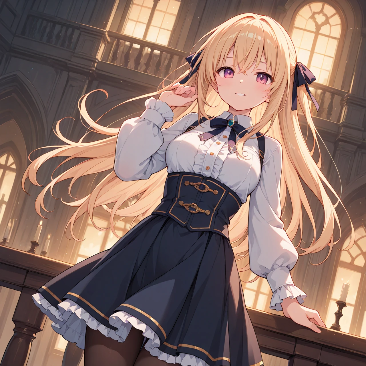 ((Masterpiece)), ((best quality)), (High Definition:1.3), (Professional Photography:1.2), 1girl, girl, (frizzy hair), beautiful blonde hair, long bang, (lovely pose), Slender thighs, smile, (Conservative clothing), pale pink clothing, (ruffled), dark short shorts, lonely expression, (in The Great Hall of the Castle), (mist effect:1.3),