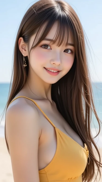 Beach, sunset, Soft lighting, Close-up portrait photo of a cute idol in a swimsuit, Playful pose, smile, Vibrant colors, Realistic, Attention to detail