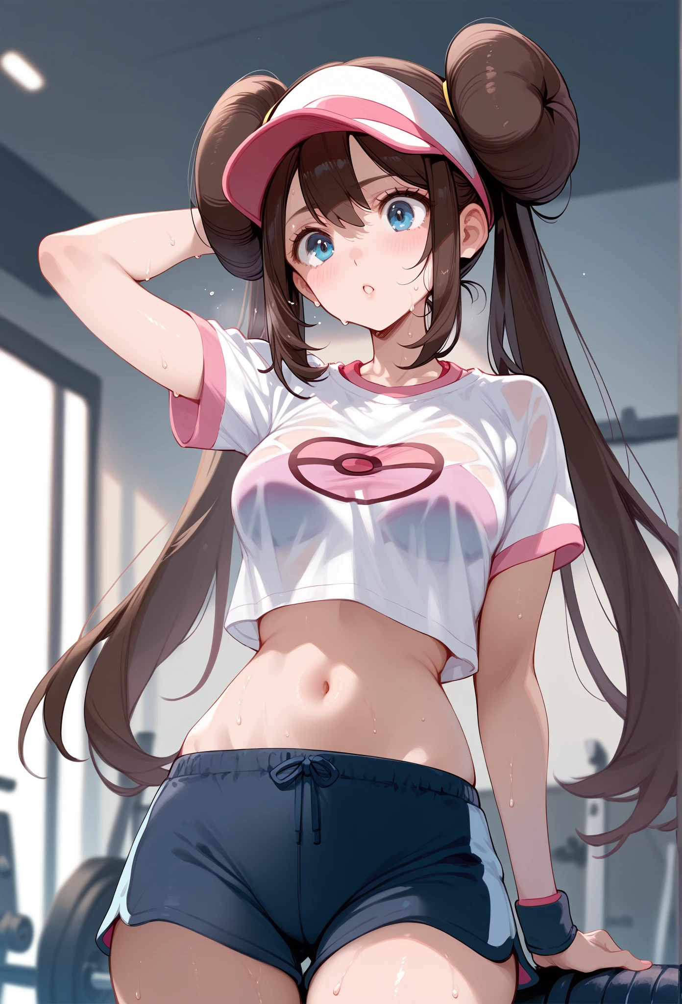 table top、highest quality、High resolution、1 girl、alone、low length、thin legs、shy、smile、blush、big 、dark brown hair、bun hair、blue eyes、long twin tails、visor cap、pink ribbon、(very thin pubic hair)、clock、Bedroom、A photo of the subject taken from below、(Change of clothes、filming her from below)、black tights、belly button、Lower body naked、nude