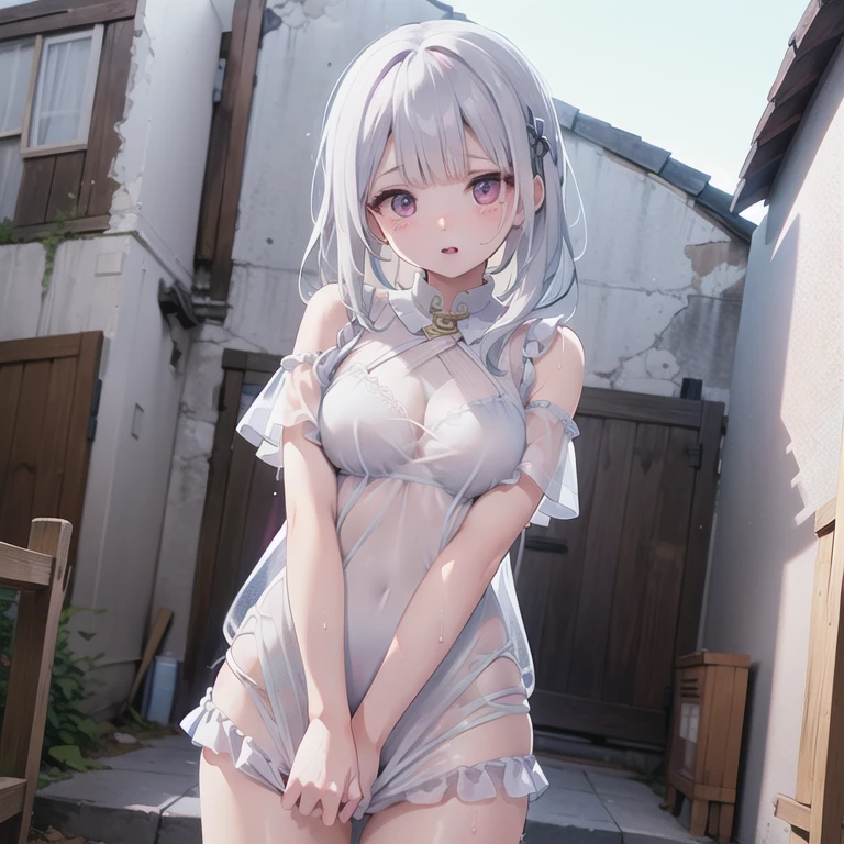 (Photorealistic:1.8, highest quality:1.8,8K masterpiece:1.8,High resolution,Mastepiece:1.8,RAW Photos,Cinematic lighting),No split screen, Rain-soaked back alley、City lights、Angle from below、
(Naked Woman)、(choker、Beautiful hair ornament、Body Accessories、Transparent raincoat)、Thin pubic hair、Wet Skin、Sweat dripping、Normal chest、Beautiful ass、Abdominal muscles、Beautiful thighs,Beautiful plump nipples、Beautiful genitals、Plump、Spread your pussy and show it to me、Up、Random Pause、
(Medium Hair、Thin, beautiful, shining vermilion, silver and gold hair)、Beautiful blue eyes、Beautiful red lip、
Realistic:1.3、Full Figure、Adult video shoot、(A rich expression、Blushing cheeks、painful、lonely)