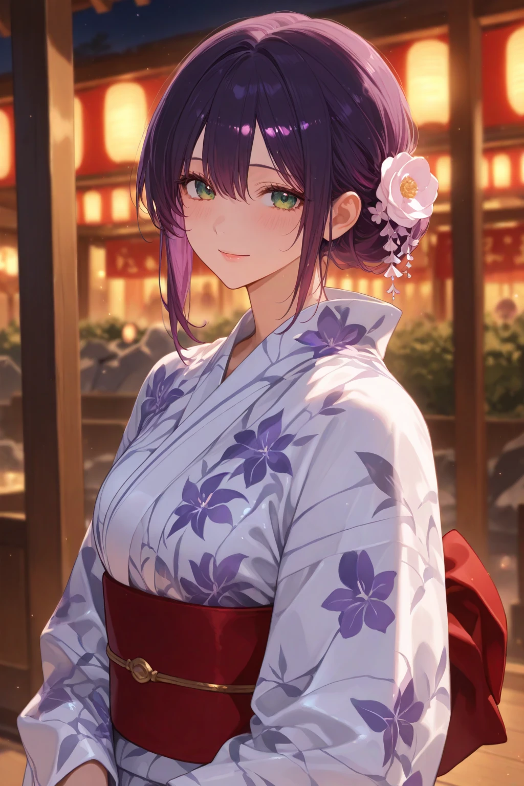 masterpiece, best quality, high quality, 1girl, solo, looking at viewer, upper body, <lora:hiro_segawa:0.68>, hiro_segawa, purple hair, green eyes, hair between eyes, , yukata