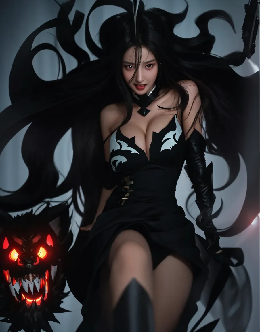 Anime style, curvaceous succubus, demon, long black curly hair, sharp amber-orange eyes, curved horns, palace throneroom background, anime style
