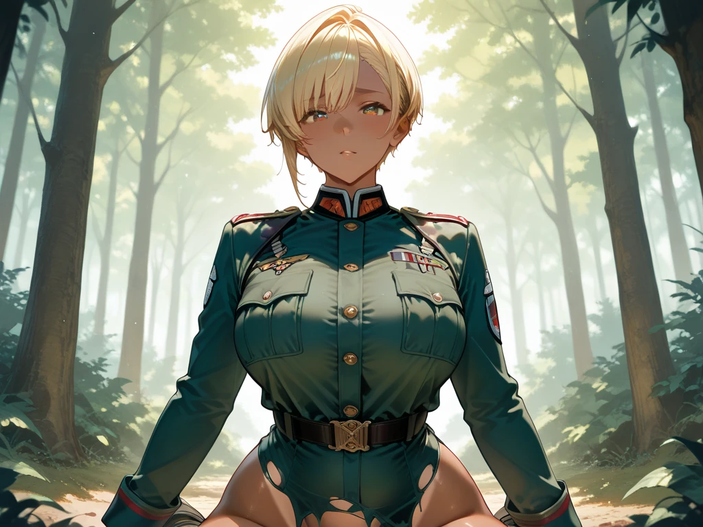 masterpiece, best quality, highres, aafng, braid, large breasts, ((military uniform leotard, red leotard, highleg leotard, cameltoe, bare legs)), , strap between breasts, white gloves, belt, , cowboy shot, standing, outdoors, looking at viewer, arms at sides, straight-on,