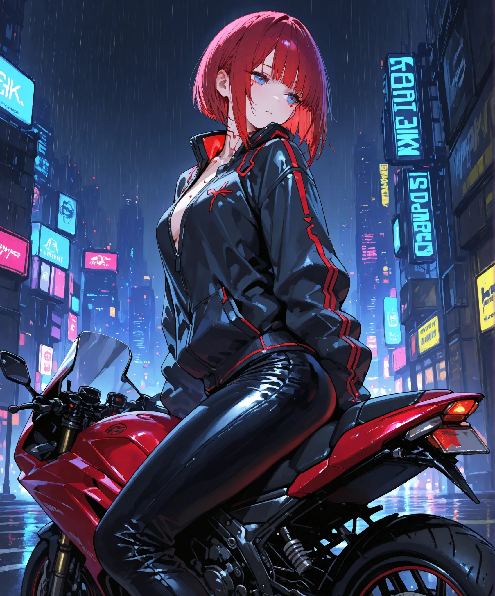 The image shows an illustrated character sitting on a motorcycle. The character has short hair and wears a suit with black violet colors and yellow neons that surround his prominent bodysuit.. The motorcycle appears to be big and futuristic, same color palette with elegant lines and luminous elements. The background suggests a neon-lit urban environment, possibly at night. There are various shapes and patterns reminiscent of digital or cybernetic motifs., contributing to the overall sci-fi look of the image. I imagine this girl with a futuristic appearance and full of mystery. Her body is wrapped in a purple and black bodysuit., Shiny chains intertwine around his arms and legs, as if they were metallic tattoos. The three-strand necklace, with its digit-shaped padlock, It is their symbol of submission and devotion. Her red hair falls in waves over her shoulders., and his green eyes flash with a mixture of passion and obedience. The black dress fits her curves, enhancing her voluptuous figure. Each chain that tightens around her skin is a reminder of her role as a beloved slave.. In the dark garage, the girl prepares for her master. The cyberpunk motorcycle awaits, its shiny surface reflecting the neon lights of the city. The cat-shaped helmet gives it a mysterious look, and the tail that extends from the back of the seat seems to have a life of its own. She rides the motorcycle with grace, speeding into the night. The wind whistles in his ears as he walks through the dark streets, ready to carry out her master's orders. In this futuristic world, where technology and passion intertwine, she is his slave, your confidant and your lover. The girl with chains and a cyberpunk motorcycle is an enigma, a mixture of desire and bondage. Its story unfolds in the twinkling lights of the city, and his figure becomes a legend in the night streets.
