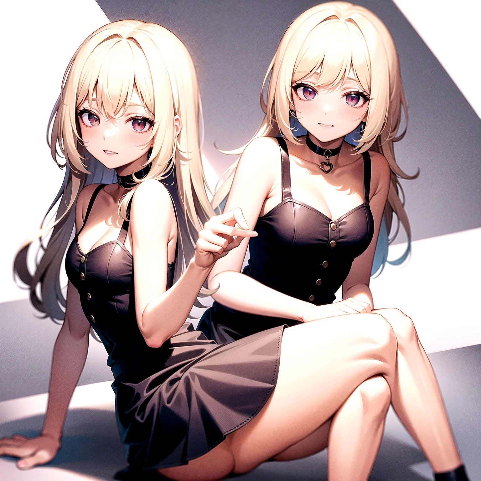 masterpiece, best quality, highres, aayami, very long hair, two side up, hair ornament, bare shoulders, black dress, clothing cutout, detached sleeves, belt, thigh strap, wariza, grass. field, night