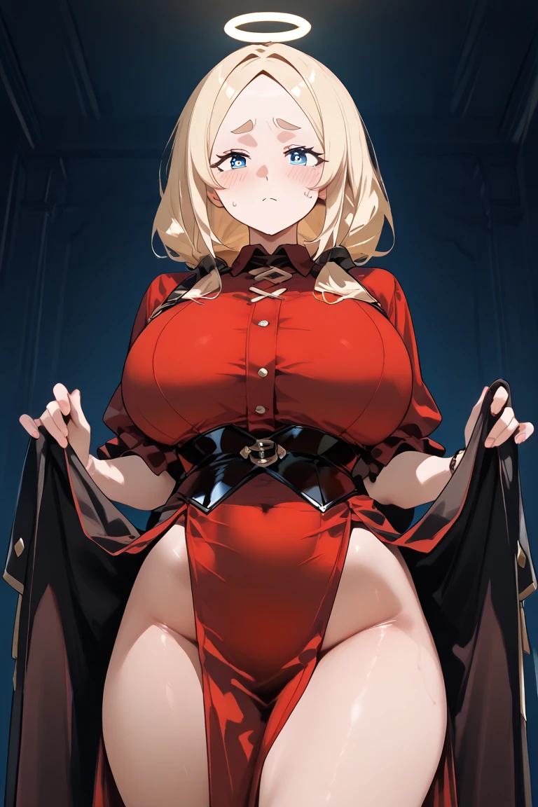 masterpiece, best quality, 1girl, bare_shoulders, blonde_hair, blush, breasts, brick_wall, center_opening, choker, cleavage, closed_mouth, clothing_cutout, detached_collar, detached_sleeves, dress, drill_hair, hand_on_own_hip, hands_on_own_hips, huge_breasts, jewelry, long_hair looking_at_viewer, looking_to_the_side, navel, navel_cutout, pelvic_curtain, red_dress, ((red_eyes)), revealing_clothes, skindentation, solo, strapless, strapless_dress, swept_bangs, thigh_strap, thighs
