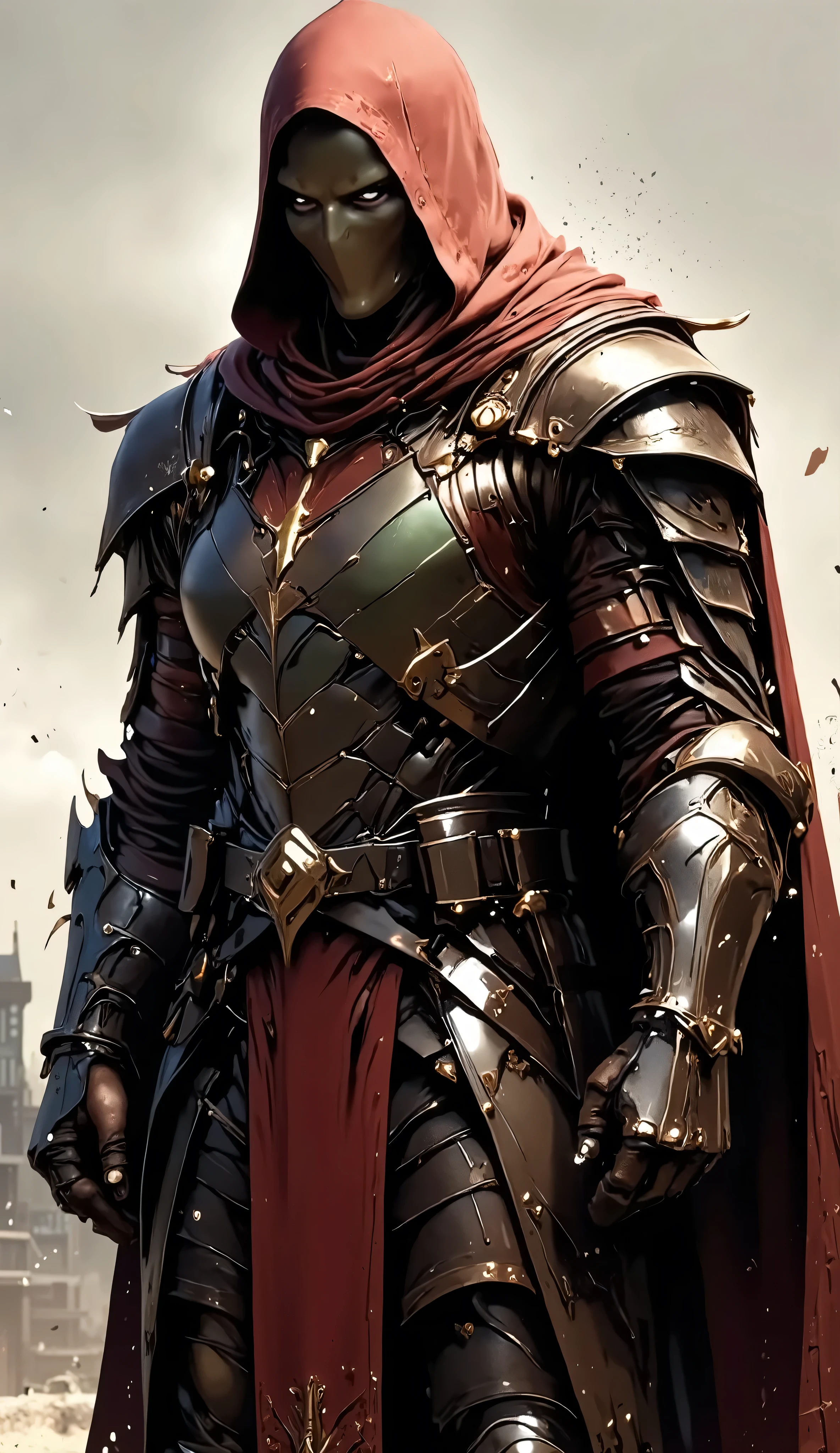 Anime art,Midjourney style,chargen_stylised_illustration, Viking Warrior, leather Armor, Viking style, cloak, modern-medieval mix, young man, hooded, mask, cool, slim physique, anime aesthetic, smooth, warrior staff, full face mask, smooth faceless mask, bo staff, dull colors, brown, red and green
