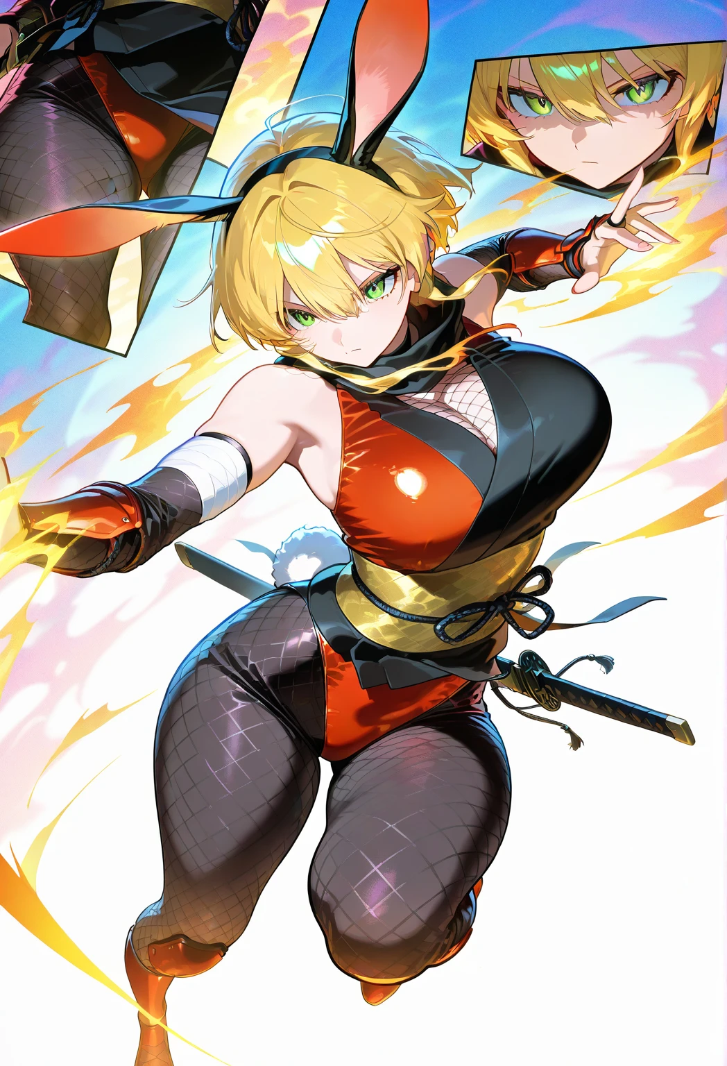 1girl,solo,super detailed skin,shiny skin,expressionless face,smile ,yellow medium hair,hairs between eyes,high-tied twin braids,eyelashes,lips gloss ,open mouth,large soft breasts,fullbodysuit,fishnet arms,cleavage cutout,ninja clothes ,cleavage cutout,yellow magic,simple background,masterpiece,best quality,ultra detailed,high resolution,sharp focus