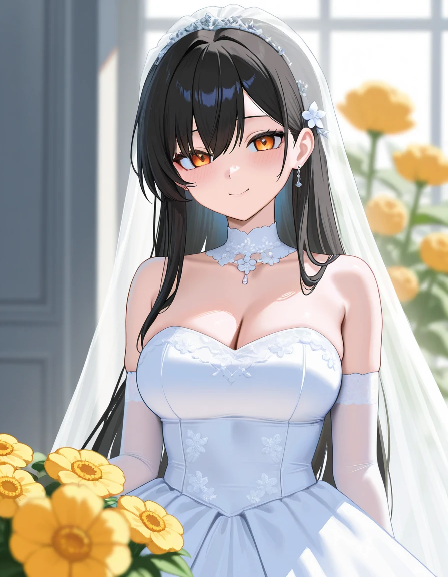 (1girl), black hair, tokisaki kurumi, adult female, headband, heterochromia:1.5, red eye, yellow eye, dominant, domina, long twintails, medium breast, smile, wedding dress, curch, white dress, ((white wedding dress)), holding flowers,