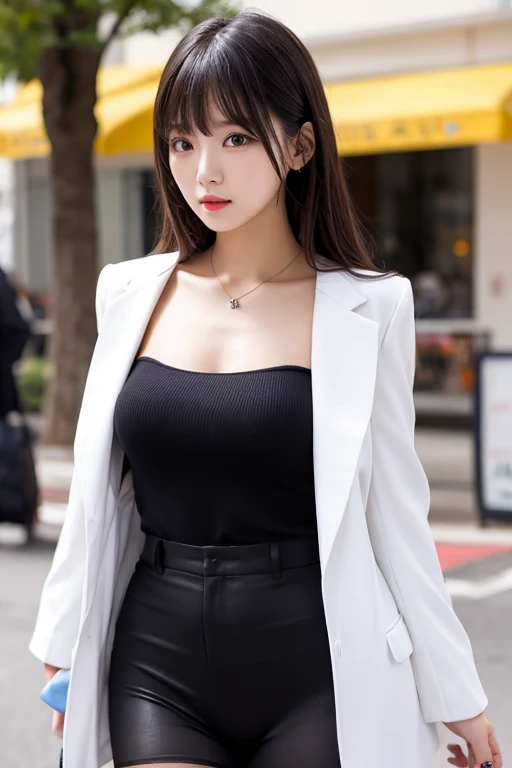a 17 year old girl, she is the most beautiful actress in the world, the perfect body proportions of this girl, her large breasts are clothed by the formal shirt within the blazer that's closing on short skirt, the short skirt is hardly hiding the panties between her bare legs, it's just front of her body in photo, there's no photo space above her head, her feet are out of photo space, she is standing straight at the street, nsfw, best quality, highly detailed, masterpiece, ultra high res, photo realistic, 8k, RAW photo