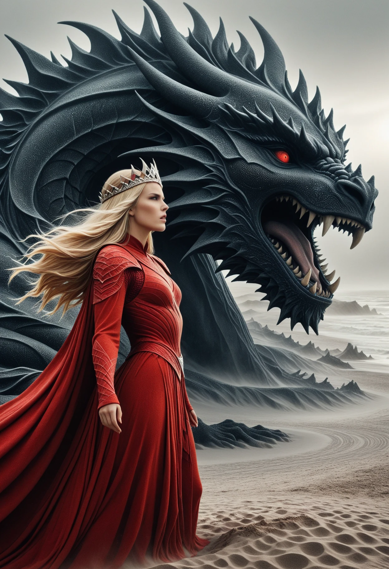 A stunning woman with long straight blonde hair. She is dressed in a red flowing garment and wears a crystal crown. She is towered over by a colossal menacing sand dragon positioned behind her. The dragon's mouth is open and reveals sharp teeth. The background is a muted foggy landscape, enhancing the mystical and dramatic atmosphere. The composition is vertical with the woman and dragon positioned centrally, creating a striking contrast between the human and mythical elements. ObsidianSand, lazypos, (perfect_face:1.1), (perfect_hands:1.1), side view