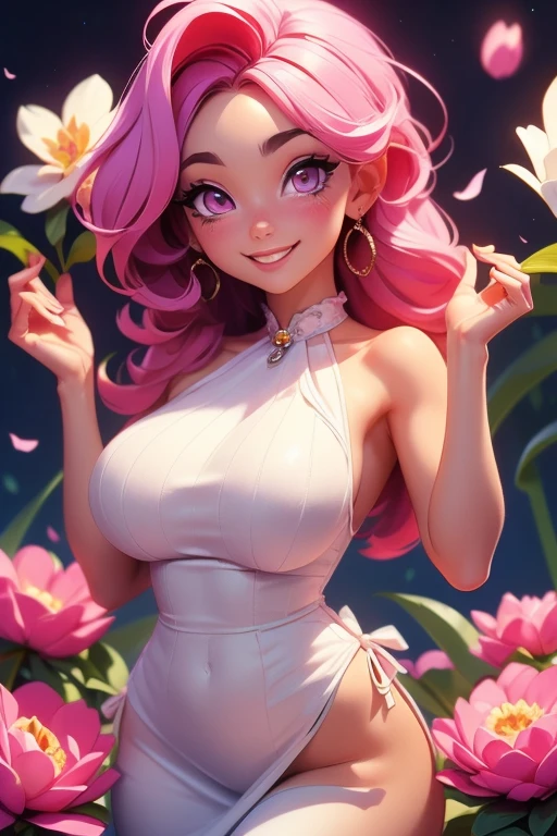 (This is a beautiful, intricate, (romatic) fantasy image that emphasizes beauty and grace.) Generate a blind curvy woman with soft natural freckles. Her face is important and should be (perfectly formed) with (beautiful puffy lips) and (perfect features). There is a cute freckle birthmark on her lip. The image exudes ethereal beauty and soft fantasy, with shimmering shades of pink throughout. Surround her with eternal roses in shimmering shades. Ensure perfection in her face, hair, and eyes. Include sweet and detailed birds and soft, luminous flowers and detailed roses. Utilize dynamic composition and dramatic lighting and cinematic lighting to create an interesting fantasy image. The background of the image is interesting and ultra-detailed, with soft fantasy lighting and gradients. Include fantasy details, cute aura, colorful, colourful, and interesting magical background. The image's background is decorated in shades of pink, shimmer, glitter, and fantasy details like colored bubbles and cosmos. Include subtle freckles, natural freckles and a diffused realistic skin tone. Incorporate elements of high fantasy, whimsy, and detailed elegance. English rose, princess, courtesan, noblewoman, sweet, lovely, calm, lovely, shimmering, glimmering, glittering, astrological fantasy, (((masterpiece))), (highest quality), magic rose, fantasy garden, beautiful face, perfect face, puffy lips, interesting, shy smile, fantasy elements, magic rose, beautiful eyes, perfect puffy lips, jewel tones, luminosity. Taken with a canon camera.
