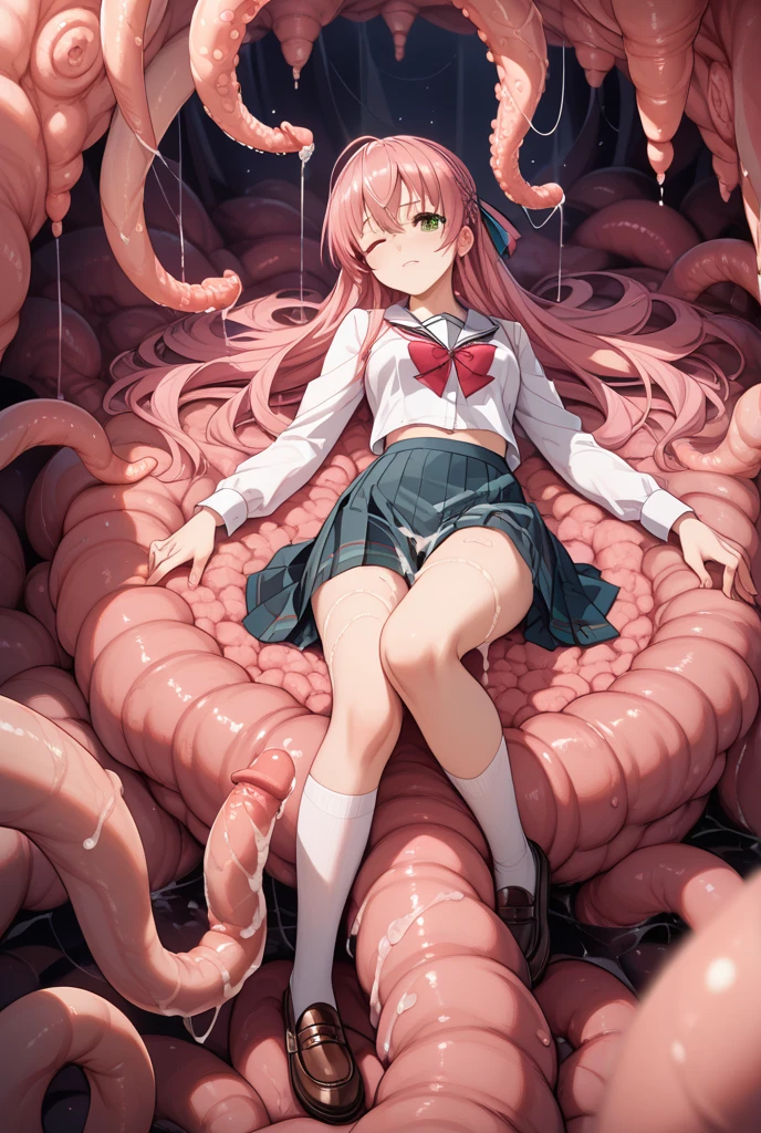 NSFW, A girl is forced into embarrassing poses by lewd tentacles, Tentacles inserted vaginal sex, In the body of the creature Tentacles crawling to lick all over the girl's body, Tentacles like penises jostle and restrain the girl from behind, making her peel off her shirt and squeeze her breasts, (The tentacles wrap around the girl's arms and thighs:1.3), The penis-like tentacles monster viewer involuntarily inserts his penis into the girl's vagina, Legs suspended by a large number of tentacles wrapped around the girl's thighs, Background as if squirming inside a tentacle body, Tentacles like penises during ,Tentacles inserted from the girl's mouth to the back of her throat, The girl's whole body is covered in the mucus of the tentacles crawling all over her, (Masterpiece, Super realistic, Super details, Super Highest Quality, Super Highest Quality), super cute and beautiful girl, You are male professional photographer, Japanese gal, For dark brown eyes, Blonde yellow hair, Pink ribbon, gal make-up, False eyelashes, Pearl pink lips, Unbuttoned out Hemmed sailor red open collared open front white shirt, (Very thin shirt:1.3), beautiful side face focus, big open mouth, (brown eyes:1.4), big round chest, BREAK, (Half down two side up blonde very long hair style:1.4), (Wider at the hem flabby large in size Super Loose Socks:1.4), An innocent 16-year-old girl, evil smile, (skin fang:1.2), realistic cute Japanese girl, standing pose, wear white unbuttoned shirt, low-rise pleated plaid micro mini skirt, Japanese cute girls, long hair, blonde hair, two side up, hair ribbon, pink ribbon, frills, opened sailor collar, necktie, white shirt, long sleeves, red skirt, loafer, (frilled hemmed outfit:1.3), cleavage, half closed eyes, very wet Tentacles that wrap around legs up and arms and stomach, Whole body covered with mucus, Mucus dripping from tentacles, very big open mouth tongue out, (tearful expression:1.4), orgasming, Display the effect of a body jolting and shaking,