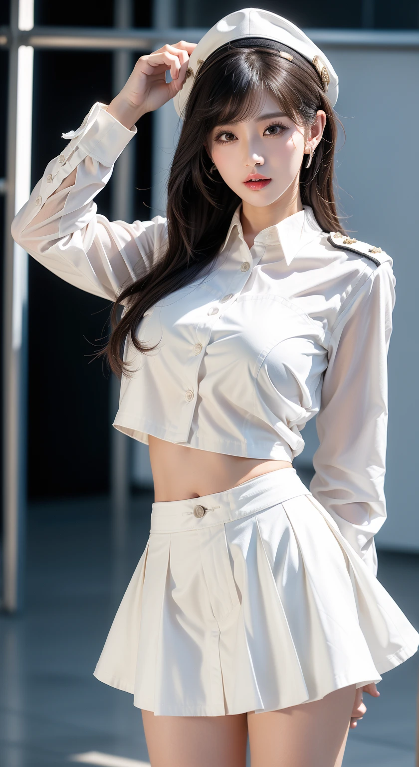 1 girl、green eyes, glossy lips ,Team Rocket,Team Rocket uniform, red letter R, white skirt,spread legs、show white panties,white crop top,black thigh high boots, black elbow gloves , looking at the viewer, evil smile, 腕を組むgreen eyes, glossy lips ,Team Rocket,Team Rocket uniform, red letter R, white skirt,spread legs、show white panties,white crop top,black thigh high boots, black elbow gloves , looking at the viewer, evil smile, Vintage color with folded arms、Instagram(Photoreal、High resolution:1.4)、(slender woman)((puffy eyes))、look at the viewer、、Full body Esbian(8K、Raw photo、highest quality、masterpiece:1.2)、(realistic、Photoreal) :1.37)、(sharp focus:1.2)、professional writing、photon mapping、radio city、Physically based rendering、(white skin:1.2)、(medium breasts:1.2)、Viewer's perspective、(middle hair:1.5)、Portrait、brown eyes、(silver hair:1.1)、bangs、(simple background:1.4)、realistic、(masterpiece:1.4)、(highest quality:1.4)、(glowing skin)、((Short sleeve shirt with collar、Knee-length pleated skirt、black stockings))compensate、laughter(skinny、close your mouth、full of embarrassment:1.3)