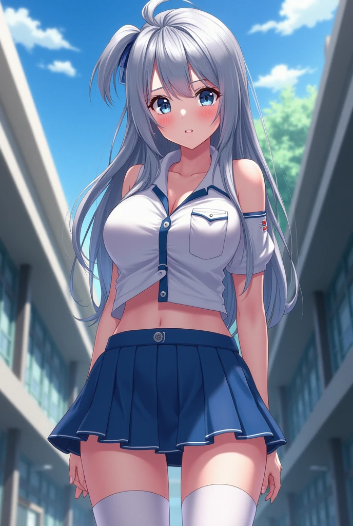 masterpiece, (realistic, photo realistic:1.2), ((highest quality), extremely fine and beautiful, beautiful face details, real human skin, realistic, photorealistic, 1girls, chibi, smile on face, cow-boy shot, Student uniforms, shirt with collar, necktie, Red skirt, huge long breasts, Tiny breasts, emphasis A-cup, White shirt, White underwear, (wind, wind lift, Skirt lifted by the wind, skirt rolled up by the wind, Skirt flutters:1.5), (Fully exposed panties:1.5), (white ribbed panties:1.5), (standing a:1.7),