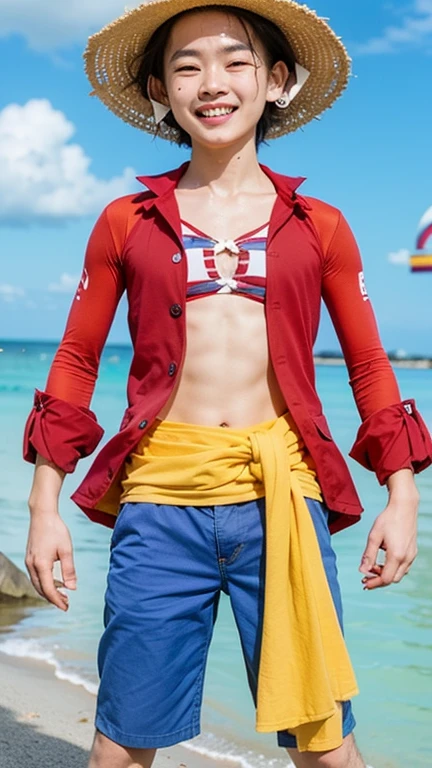 macho, corpo inteiro, can dynamic, cicatriz abaixo do olho, chest scar, ( estilo pirata pronto para luta ), Luffy tem cabelos pretos desgrenhados, round black eyes and a thin muscle build. He is renowned for his trademark straw hat, which was lent to him when he was young by the legendary pirate captain, "ruivo" Shanks,[35] que por sua vez o recebeu do Gol D. Roger. [43] Luffy usa um vermelho aberto, Long-sleeved cardigan with four buttons, com uma faixa amarela amarrada na cintura (lembrando um pouco a roupa do Gol D. Roger). Luffy also has a scar under his left eye), which he earned as a child by stabbing his face to show Shanks that he was tough enough to be a pirate. [44] Ele foi gravemente ferido por Akainu na Guerra do Cume de Marineford,[45] deixando uma grande cicatriz em seu peito. [46] (fundo praia palmeiras, dia ensolarado ), realista, detalhado, Child boy, jovem, cabelo preto liso curto, olhos pretos, olhar arrogante, olhos realistas, rosto detalhado, detailed hands, Suado, pernas detalhadas, dedos detalhados, cabelo detalhado, olhos detalhados, pele detalhada, dynamic lighting, (fotorrealista: 1.4), 8k UHD, (Hiper realista), (fotorrealista), (obra-prima), (melhor qualidade),  (( fundo praia )), corpo perfeito, chest scar, usando jaqueta vermelha, blue shorts and hat. sem pelos pubianos, raiva,