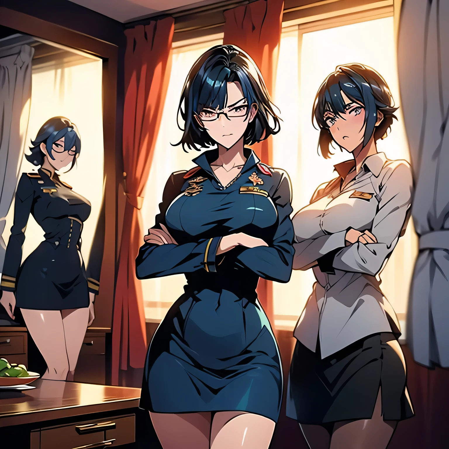 three sexy women in navy outfits who are wives of 4 years old boy, portrait, cute smiles, various hair