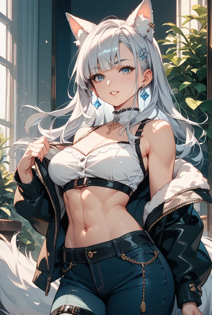 (top quality、masterpiece、very high resolution、Ultra high quality、High quality pixels)、perfect eyes, perfect face, alone,8k, Big breasts,(Detailed description of hair), (Detailed description of face),(detailed description of body), Fair and translucent skin, gorgeous, long legs, facing the audience, Professional photography lighting,white hair, bear ear, blue eye, cleavage, ssmile, maid costume, blue sky