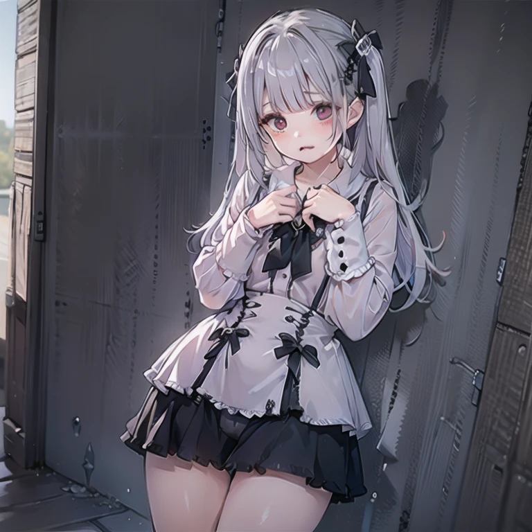 Cute beautiful girl、Pathetic blush、Gothic Lolita Lingerie、Wavy Hair、Leaking urine and running away、Back view