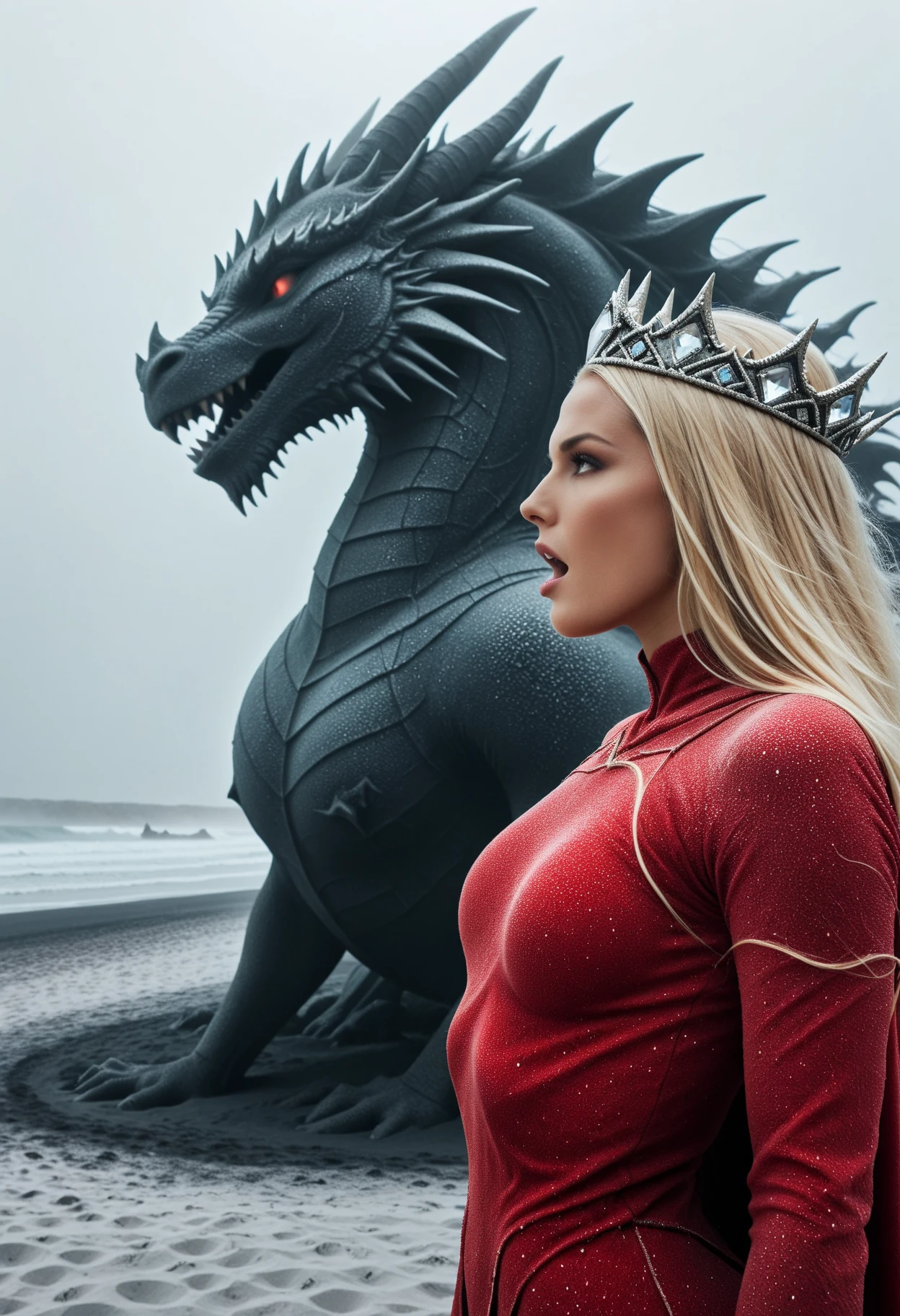 A stunning woman with long straight blonde hair. She is dressed in a red flowing garment and wears a crystal crown. She is towered over by a colossal menacing sand dragon positioned behind her. The dragon's mouth is open and reveals sharp teeth. The background is a muted foggy landscape, enhancing the mystical and dramatic atmosphere. The composition is vertical with the woman and dragon positioned centrally, creating a striking contrast between the human and mythical elements. ObsidianSand, lazypos, (perfect_face:1.1), (perfect_hands:1.1), side view