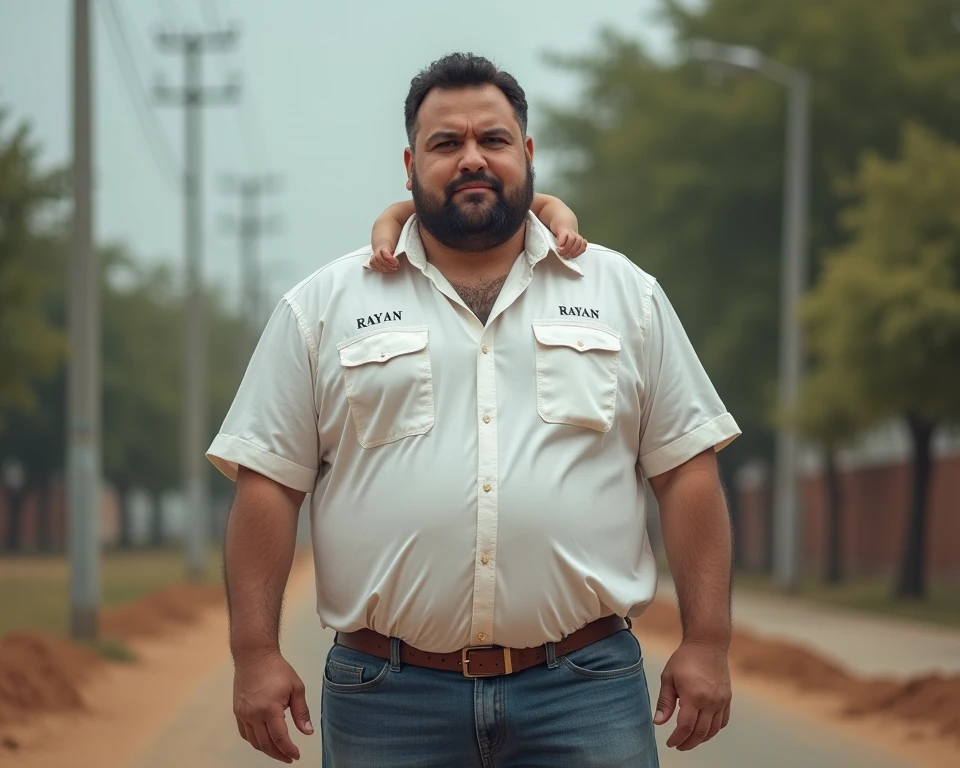 (8K Graphic Art) (fondo de un pasillo estrecho) sexy: Un solo hombre africano calvo sin pelo, cacheton gigante, obeso, muy barrigon, serio, 60 year old grumpy 35 meter tall bodyguard with a huge belly, corpulento de barriga con una forma redonda con un cuerpo obeso completo, standing in a hallway with a huge distended belly sticking out to the side like a huge beach ball, usando una camisa blanca uniforme, Long pants, gafas de sol con vientre enorme globo hinchado de 800 libras pesado lleno de mucha cerveza con una enorme barriga colgando entre sus rodillas, with his arms supporting his father's stomach