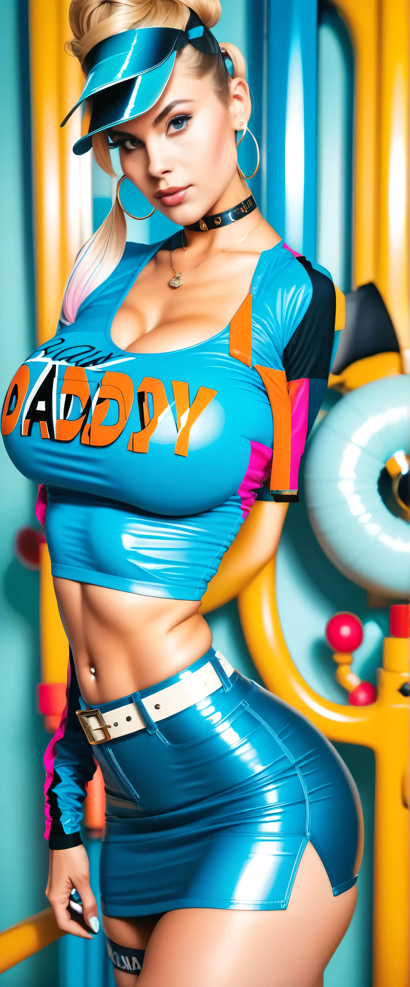 Sexy busty woman wearing (thick diaper) magical, colorful, detailed, surprised, happpy, large breasts, wide hips, casting love spell, seductive, ((mommydom)), bokeh, (at the pool), (inflatables)
