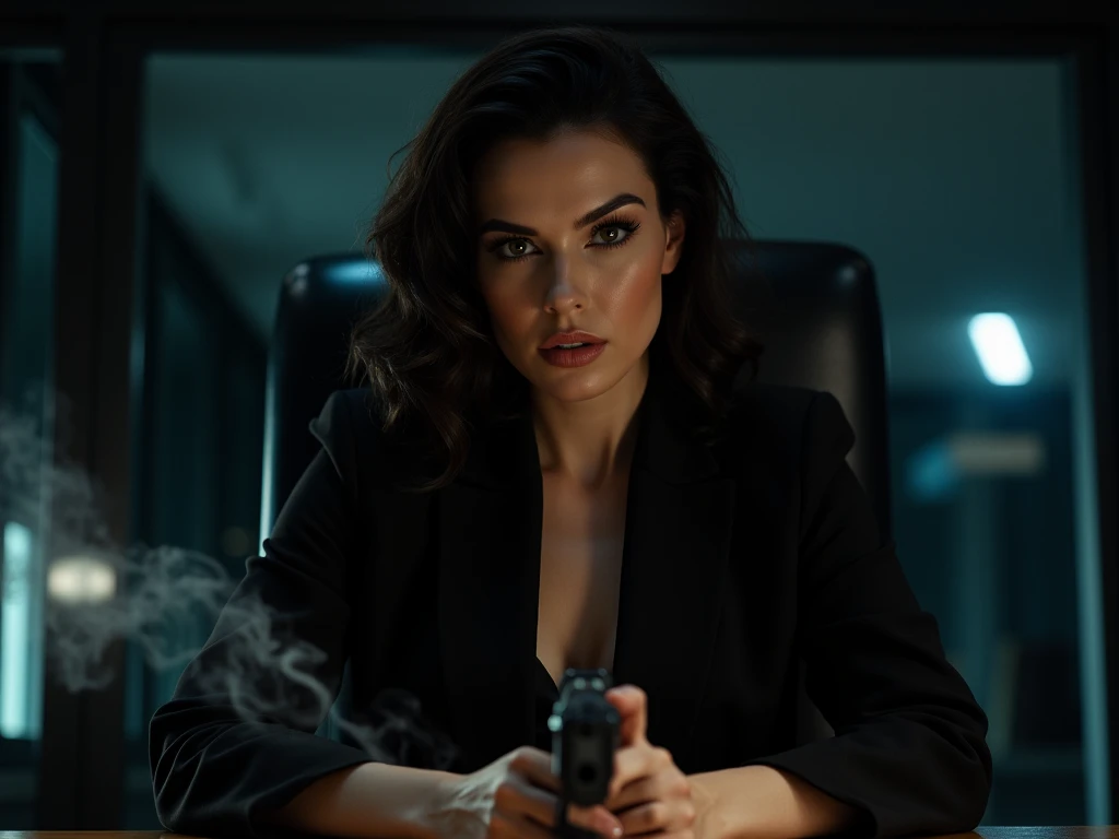 a medium shot of an elegant young lawyer, sitting at a desk in an interrogation room, wearing a tailored suit and glasses, flipping through a file as she speaks, detailed facial features, beautiful detailed eyes, beautiful detailed lips, extremely detailed eyes and face, long eyelashes, professional, high quality, photorealistic, 8k, studio lighting, sharp focus, physically-based rendering, vivid colors, dramatic lighting, moody atmosphere