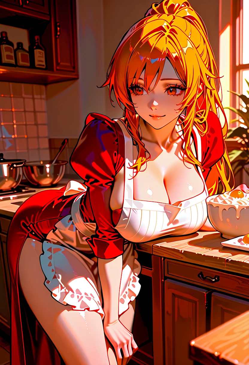 masterpiece, Highest quality, space, One Girl, alone,Cowboy Shot, SF, Alfin, Blonde, Long Hair,Highly detailed face, Perfect lighting, Extremely detailed CG, (Perfect hands, Perfect Anatomy), morning, Preparing breakfast, kitchen, sunlight, The best morning , Best lighting, Naked and wearing an apron, A white apron with a cute bear design, Frill apron, Take off, No clothes, Completely naked,  Medium chest, window, Backlight, whole body, Cleavage, Leaning forward, sunlight, Lips parted, Backlight, whole body, From below, masterpiece, 