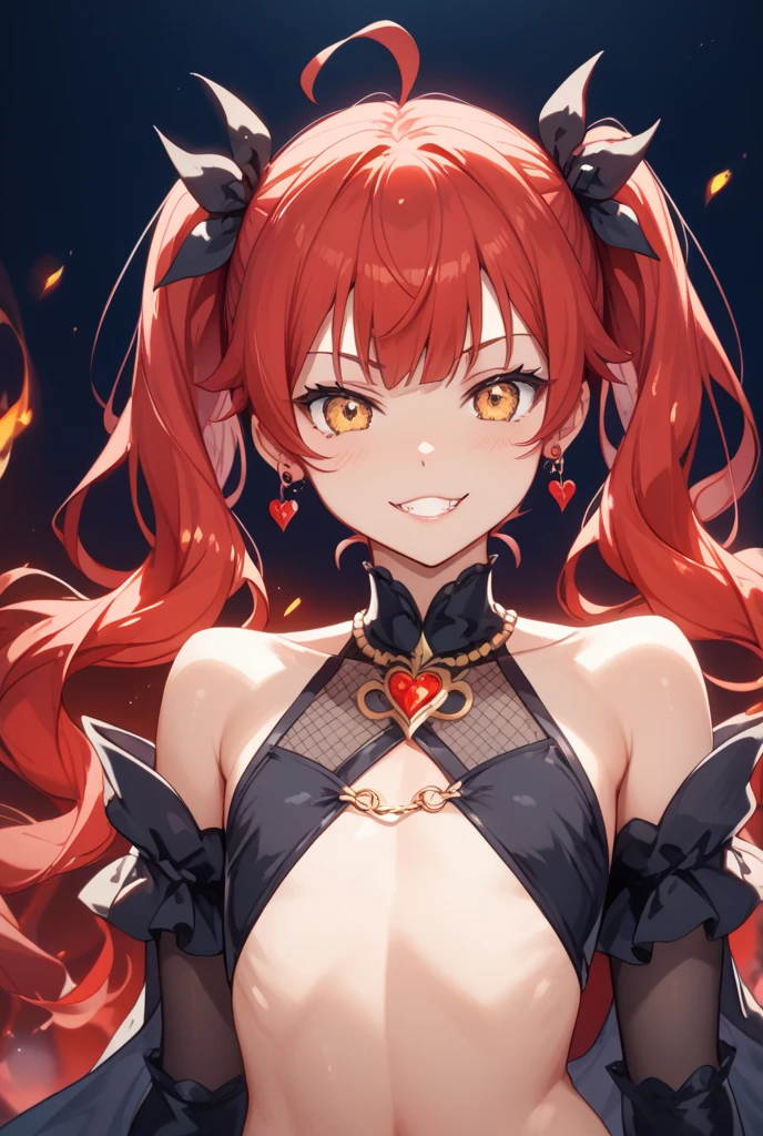 (masterpiece, top quality, very aesthetic, 4k、illustration), intricate detail, 1woman,solo,contrapposto 、(gradient eyes、tareme)、Strong glowing eyes、parted bangs,Fair skin,(cowboy shot)、Cool women、Cleavage、 smile、(red lipstick),beautiful face、(gradient hair)、(red hair)、multicolored hair,sidelock ,red eyes、halter top dress、medium breasts、slender 、