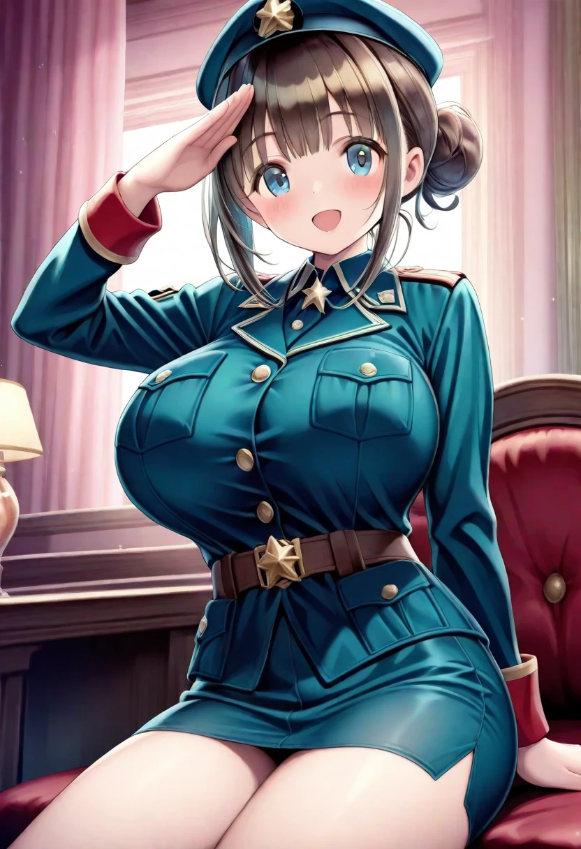 Hot sexy beautiful one women military officer commanding soldier on battlefield, long silver chandelier earrings,big breasts, ,grey hair , hair bun,blush,blue eyes, smiling,red lipstick, military sergeant uniform