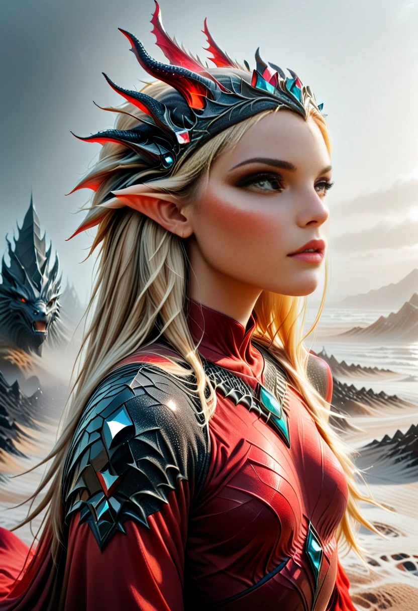 A stunning woman with long straight blonde hair. She is dressed in a red flowing garment and wears a crystal crown. She is towered over by a colossal menacing sand dragon positioned behind her. The dragon's mouth is open and reveals sharp teeth. The background is a muted foggy landscape, enhancing the mystical and dramatic atmosphere. The composition is vertical with the woman and dragon positioned centrally, creating a striking contrast between the human and mythical elements. ObsidianSand, lazypos, (perfect_face:1.1), (perfect_hands:1.1), side view