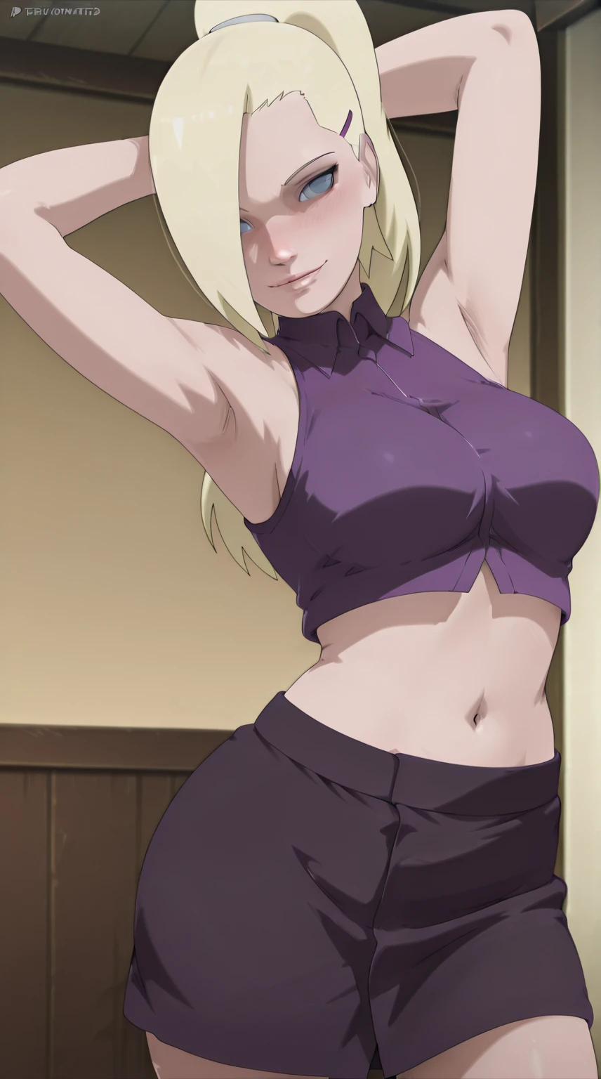 masterpiece, best quality, yamanaka ino, solo, detailed drawing, hires, 1girl, looking at viewer, bare shoulders, shouting, open mouth, bold drawing lines, very raise eyebrows, closed fist, dirty armpit, angry, big boobs, white bikini top only, denim, jeans bottom