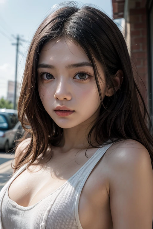1 girl , big long hair, Bun hairstyle, Upper Body, Close-up photo, facing the camera, D cup breasts, There is a round protrusion on the chest, angry, Disdain, rain , Street View.