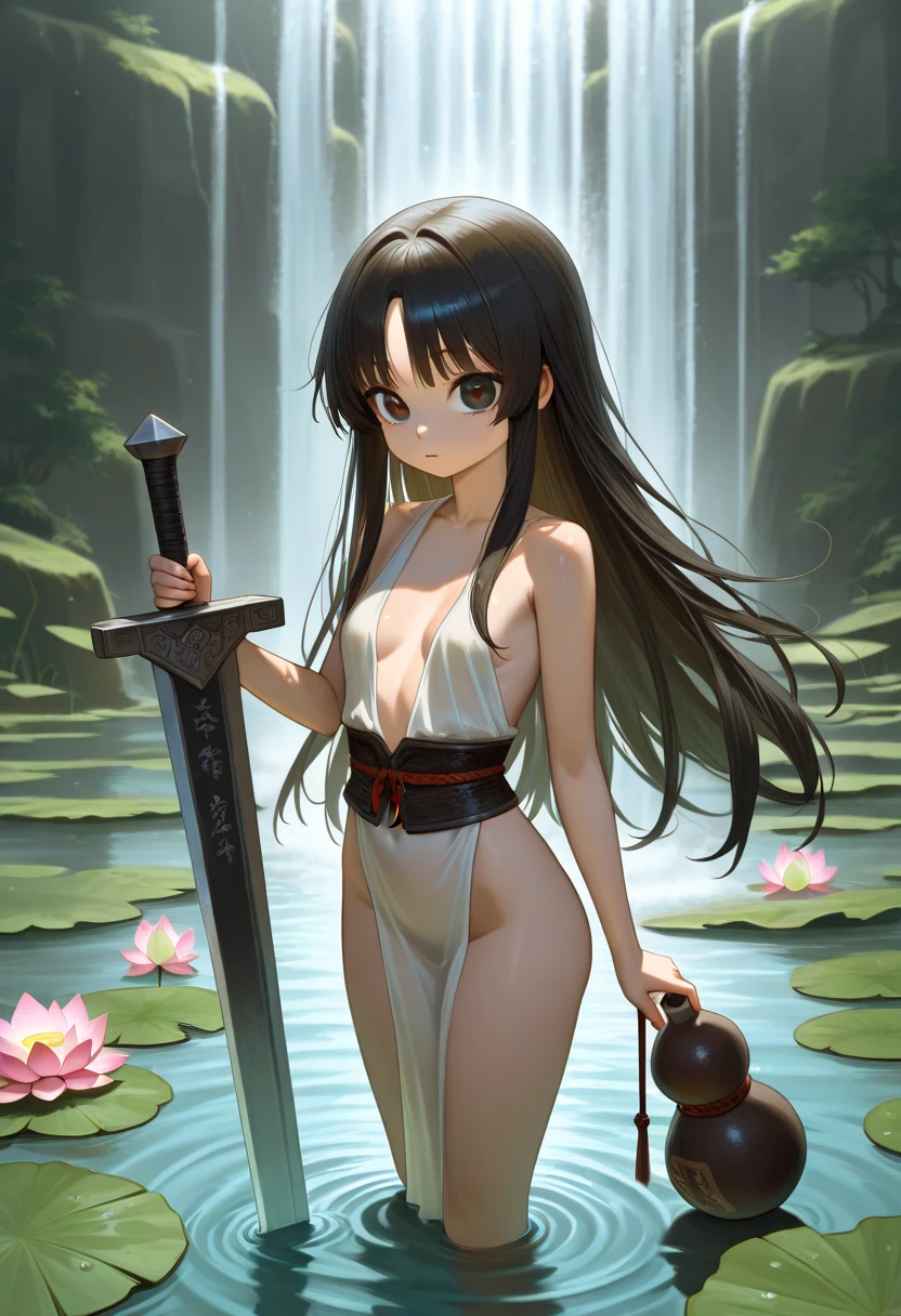 ((With open hands、he has a small ax in each hand..々Holding with both hands:1)), ((He has one small ax in each hand...:1.5)), ((Under the moonlight、Soak up to your knees in a lake with a waterfall:1.5)), A picturesque waterfall flowing behind her、((fullnude:1.5)), ((Beautiful woman holding a machete in her hand:1.5))), ((Waterfall in a very dark forest:1)), ((Bathed in moonlight from behind:1)), ((Moonlit Falls))、((fullnude:1)), ((Beautiful naked woman waist-deep in a pool at the base of a Japanese waterfall))),((beautiful woman standing in the middle of the pond:1)),((Beautiful naked woman in a beautiful pool at the foot of a waterfall)), ((Sharp bewitching eyes))、((Obscene atmosphere))、pale skin、(Nipple bumps:1), (((1 girl in:1))), ((pale skin))、Melancholy beautiful face、Beautiful expression、Sexy face、Nipple bumps, (((Lower breast)))、(((Beautiful breasts ))), Beautiful 、Super fine face、Delicat eyes、(Double eyelids)、 (((1 Japan Woman:1)))、 Beautie, 20yr old,