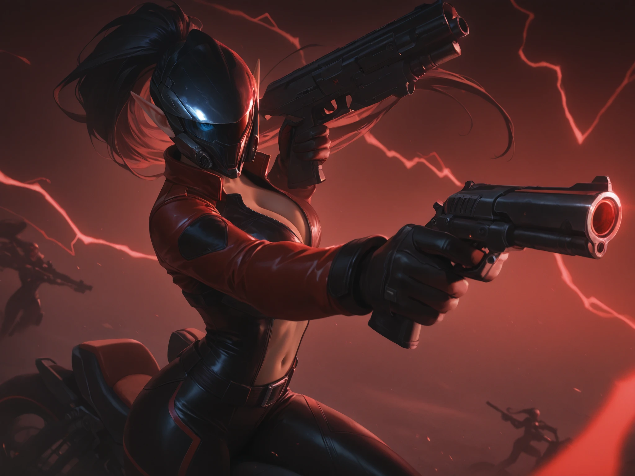 helmet, biker clothes, bikesuit, bodysuit, cleavage, no bra, center opening, helmet, motorcycle, midriff, navel,,(Realistic),masterpiece,best quality,cinematic lighting,natural shadow,highest detail,professional photography,detailed background,depth of field,insane details,intricate,aesthetic,detailed face,subsurface scattering,looking at viewer, masterpiece, best quality, realistic, copyright, style, rating, masterpiece, best quality, good quality, newest, L0LSPL4SH, addmoredetails, 1female, beautiful, black latex suit, visible cleavage, huge collared, dark skin, blue eyes, dark skin, red suit, red and black suit, black hair, visible cleavage, long elf ears, long ponytail hair style, dynamic pose, legs wide, guns, shooting, tactical helmet, full face visor cover, red lightning effect, belt strap, side view, close up upper body, red lighting around her body, mask, holding guns, biker helmet, mask, full helmet, plugsuit helmet