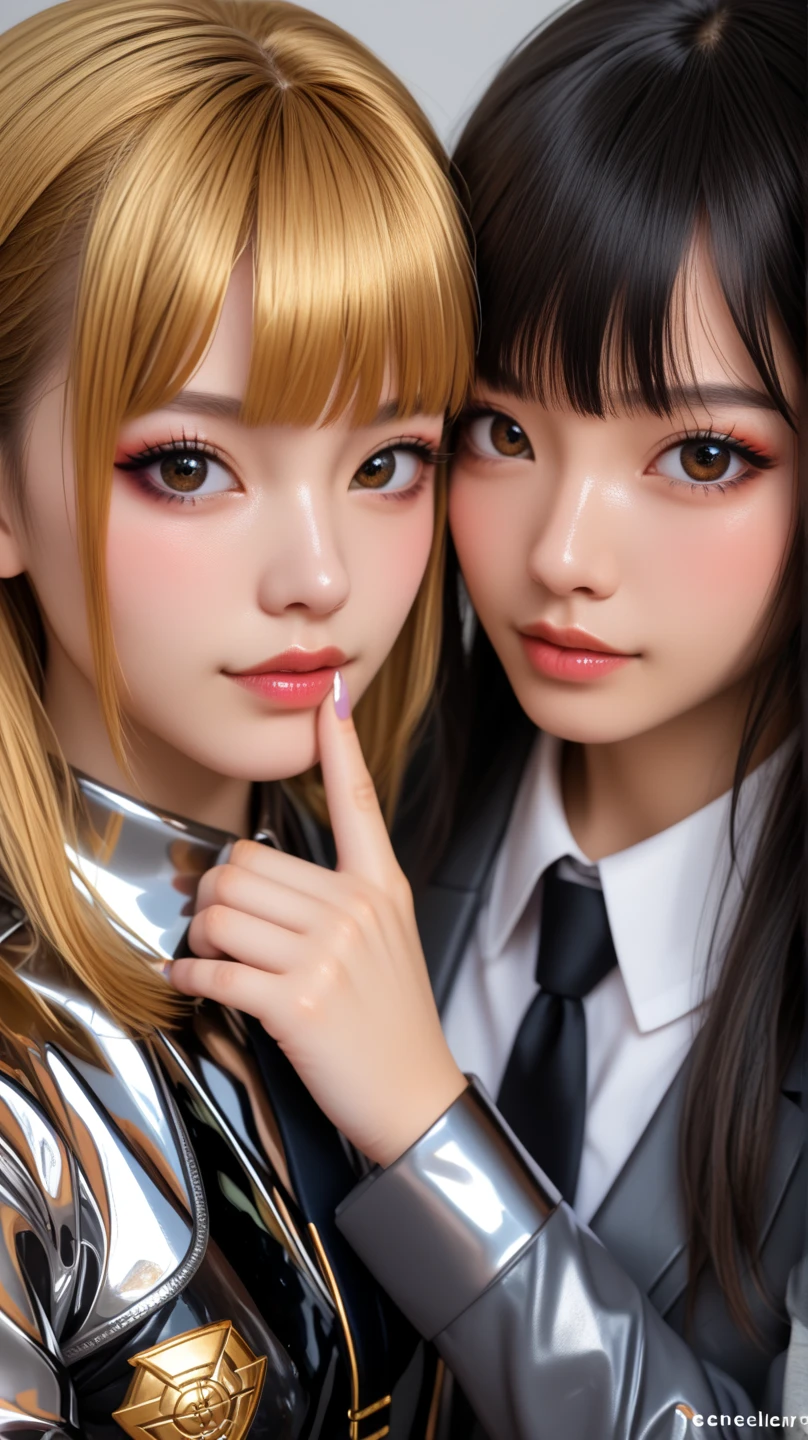 (2 pretty girls, masterpiece, best quality, 8k, raw photo, absurdres:1.2), looking at viewer, from below, beautiful face, white shirt, short sleeve, school uniform, ceiling of classroom, fisheye lens, facelight, photorealistic, film grain, chromatic aberration, highres, ultra detailed, finely detail, detailed eyes and face and skin, sharp pupils, realistic pupils, dynamic lighting, dramatic lighting, black hair and blonde hair