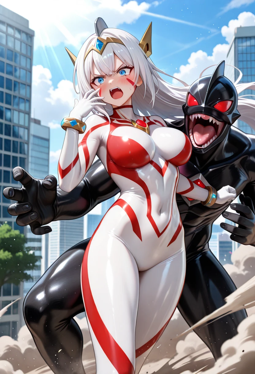 (Fox Girl, Fox Ears, Silver Hair, Fox Makeup, One Girl, Long Hair, Alone on the screen, dark skin, High definition:1.6), (mecha musume, Machinery Parts,Robot Joints, White and red clothes, Full body mechanical suit:1.8), (Body measurements are 75-60-75!, Young girl body, Small breasts, Proudly, Standing posture, slender, muscle:1.9), Avatar, face, lewd face, Dominant representation, naughty face, Uplifting, Skin Texture, outside, ruins, Ruined City, Broken Building, There are no people