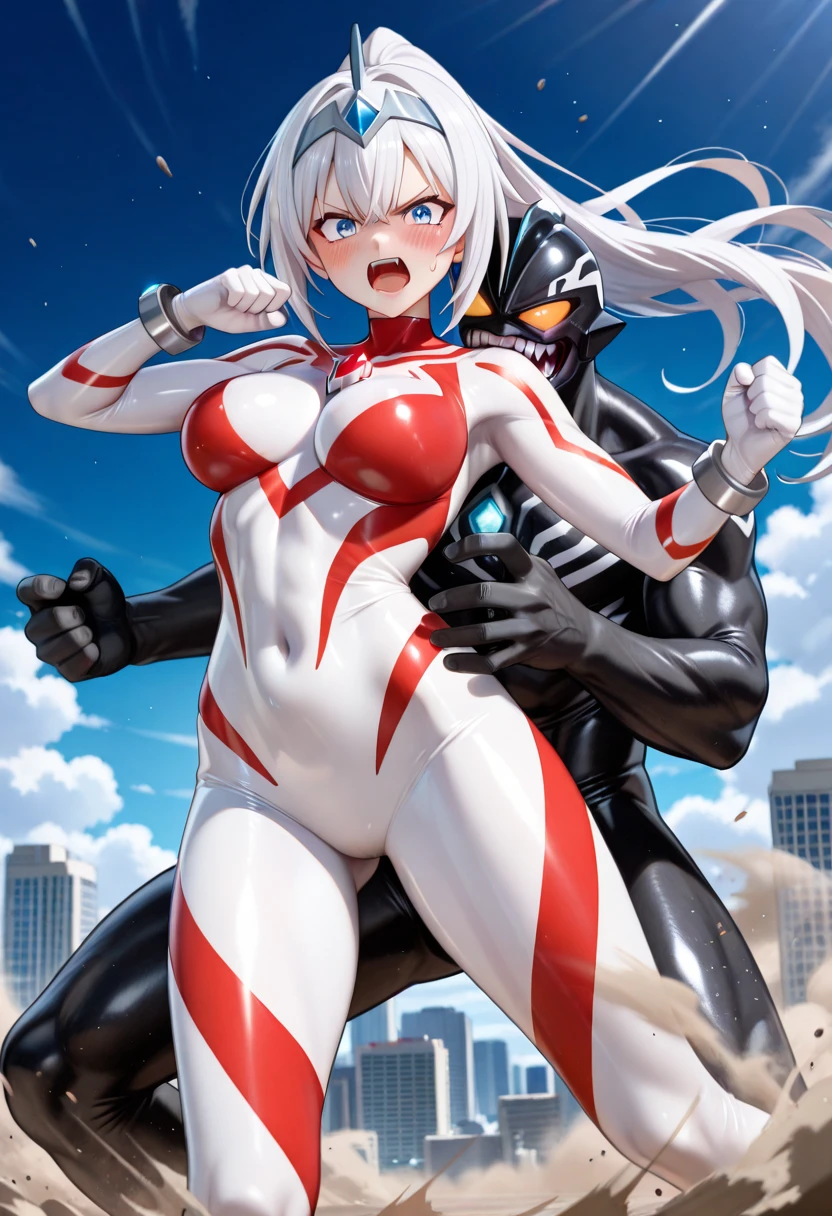 (Fox Girl, Fox Ears, Silver Hair, Fox Makeup, One Girl, Long Hair, Alone on the screen, dark skin, High definition:1.6), (mecha musume, Machinery Parts,Robot Joints, White and red clothes, Full body mechanical suit:1.8), (Body measurements are 75-60-75!, Young girl body, Small breasts, Proudly, Standing posture, slender, muscle:1.9), Avatar, face, lewd face, Dominant representation, naughty face, Uplifting, Skin Texture, outside, ruins, Ruined City, Broken Building, There are no people