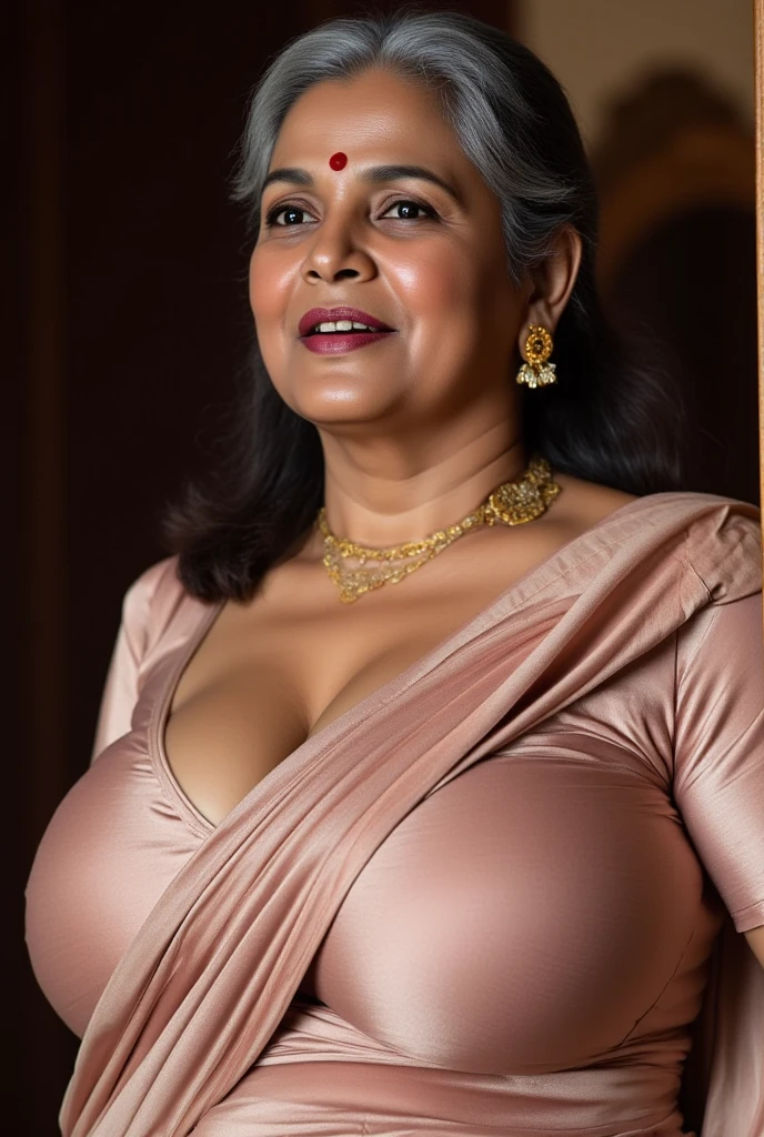 A Indian mature mom , 60 years old, grey white curly hair, mature face, silky skin, very hot, wonderful goddess, glamorous maiden, wonderful mom (hyperrealistic, masterpiece, photorealistic 8k, best image), fleshy lips, no bra , show tits , , large breasts, a, cleavages, sexy cleavages, breast shinning, oiled breast, beautiful breast view, goddess like breast, full breast view, breast shinning, (detail in lighting),