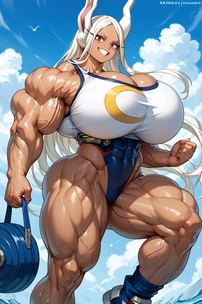 bodybuilder goku, pretty face, serious face, white hair, red eyes, perfect body, fit body, abdomen, big breasts, muscular,