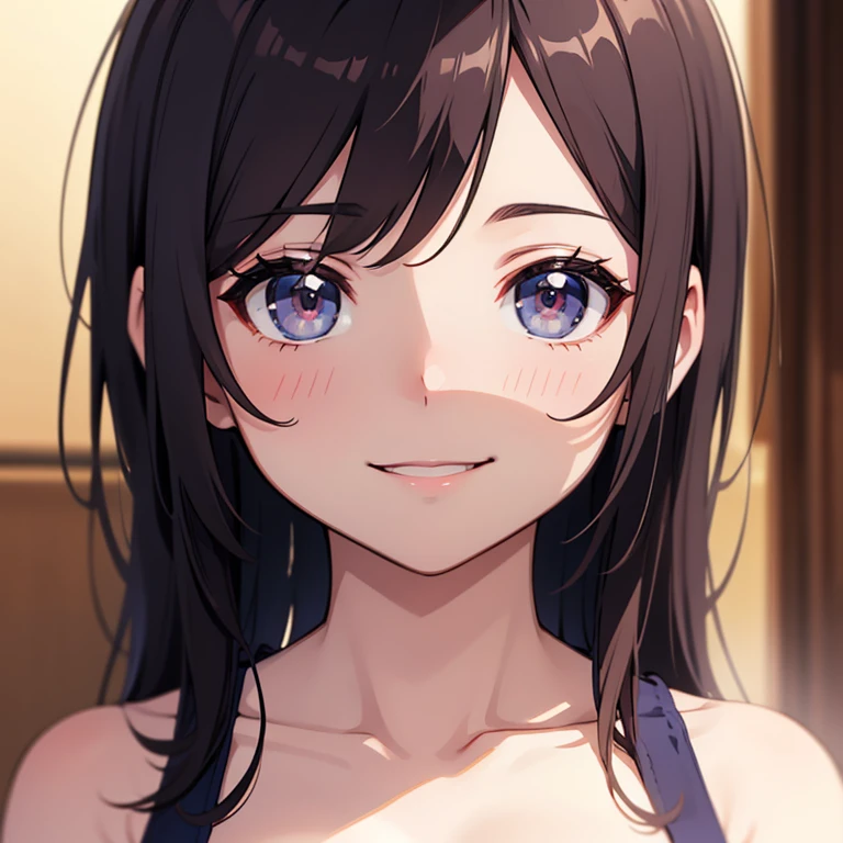 1 mommy, long black hair, very big breast, blushing, smiling 