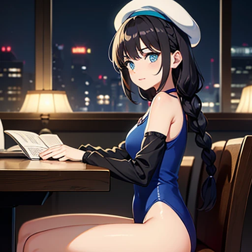 (((masterpiece,best quality,absurdres,8K,perfect body))) , ((black hair,longhair, large breasts, high ponytail,black eye,smile)),(((short pants))),((night ,outside Pool, rooftop pool , high rise hotel:1.5))