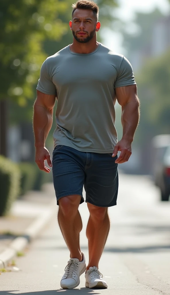full view full body, young over-muscular hunk bodybuilder Eric janicki with undercut clean haircut, with nipples in see-trough white t-shirt, olive-green shorts, pink Timberland boot, white socks, golden rings and necklaces, walking in forest