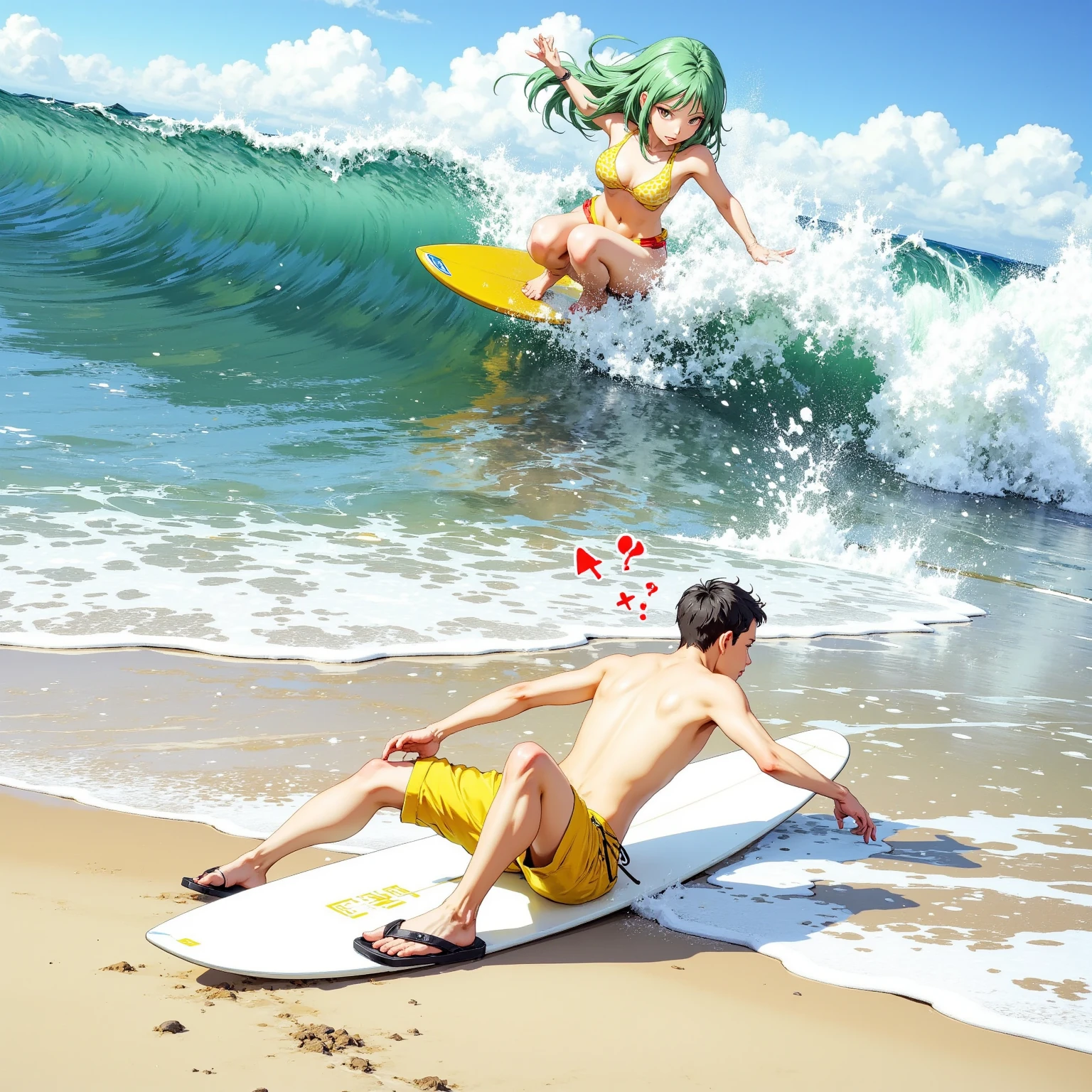 Summer parties,((tmasterpiece)),youthfulness,(32K),(Summer activities),Cut watermelon in the lower right corner,(Watermelon water is the main body of the picture),Watermelon water surfing,rowing,eats,(((Super high detail))),(Watermelon red heart),