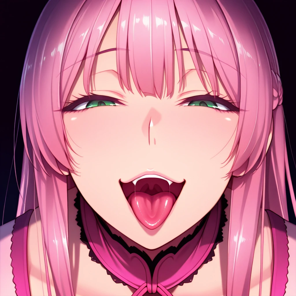 score_9, score_8_up, score_7_up, source_anime, harukahanabishi, haruka hanabishi, twintails, pink hair, , bent over, smile, looking at viewer, dutch angle, blush, open mouth, big mouth, tongue, tongue out, close up, saliva, uvula, uvula, room, mouth focus, excessive saliva, selfie, huge mouth, large tongue, long tongue, , selfie. ,crazy smile, closed eyes, room, navel, nude, medium breasts,