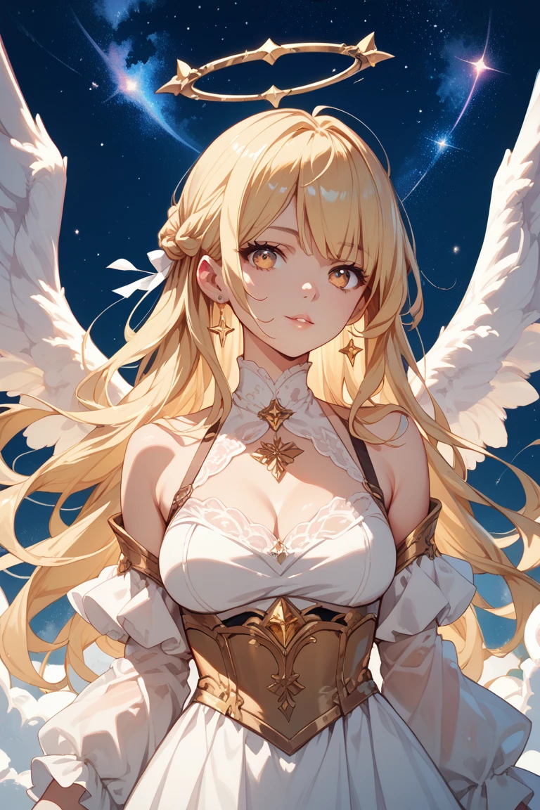 tmasterpiece, (Best quality:1.2), [:Complicated details:0.2], 1 young woman,  Angelic, the angel's wings, White frills, (Daytime sky), A flashing halo, intense concentration, Burst energy, mystic symbols, scintillation particles, blonde almost white hair, mint eyes 