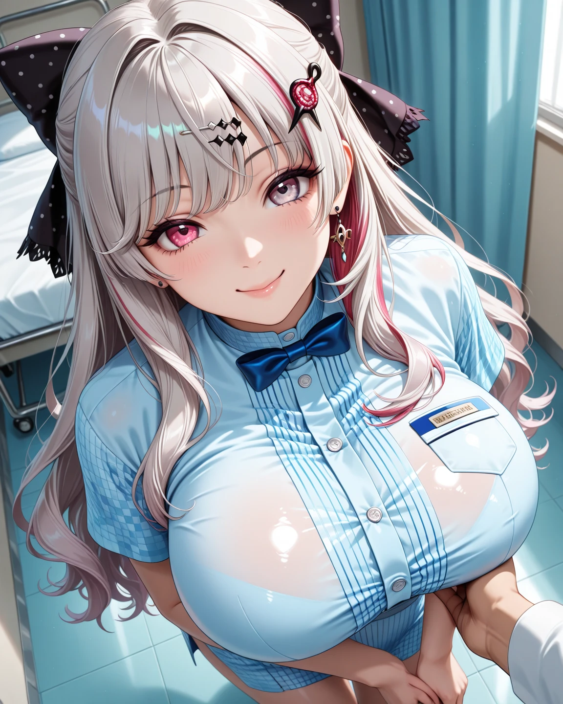 NSFW,masterpiece,Highest quality,High resolution,Super detailed,Shirakami Fubuki\(Hololive\),Gray Hair、One-sided braid、Ahoge、Earrings,Fox ears,Fox tail,nurse,Pink Nurse Uniform,Nurse cap,Open clothes,Stethoscope,Embarrassed,blush,Expecting face,Feeling face,(Ecstasy face),(Ahegao),Sexy look,Hospital at night,Examination room,desk,pc,Chair,(Seduce),Cleavage,examine,Chairに座っている,Leg spread,Rub your own breasts,(Masturbation),(Squirting),(training)